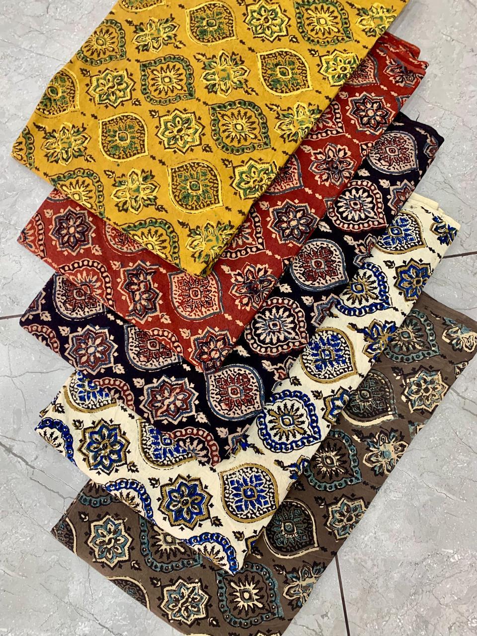 Lotus motif multicolor Ajrakh handblock printed cotton fabric – eco-friendly wholesale fabric by Fabtexs